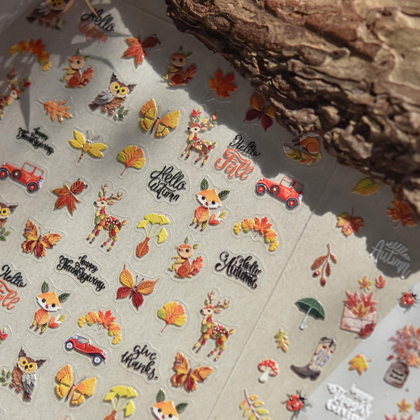 1 Sheet Animal Print Nail Art Stickers 5D Embossed Fox Nail Stickers 3D Self-Adhesive Squirrel Nail Decals Autumn Elk Owl Nail Designs Orange Maple Car Nail Art Decoration for Women Girls Manicure