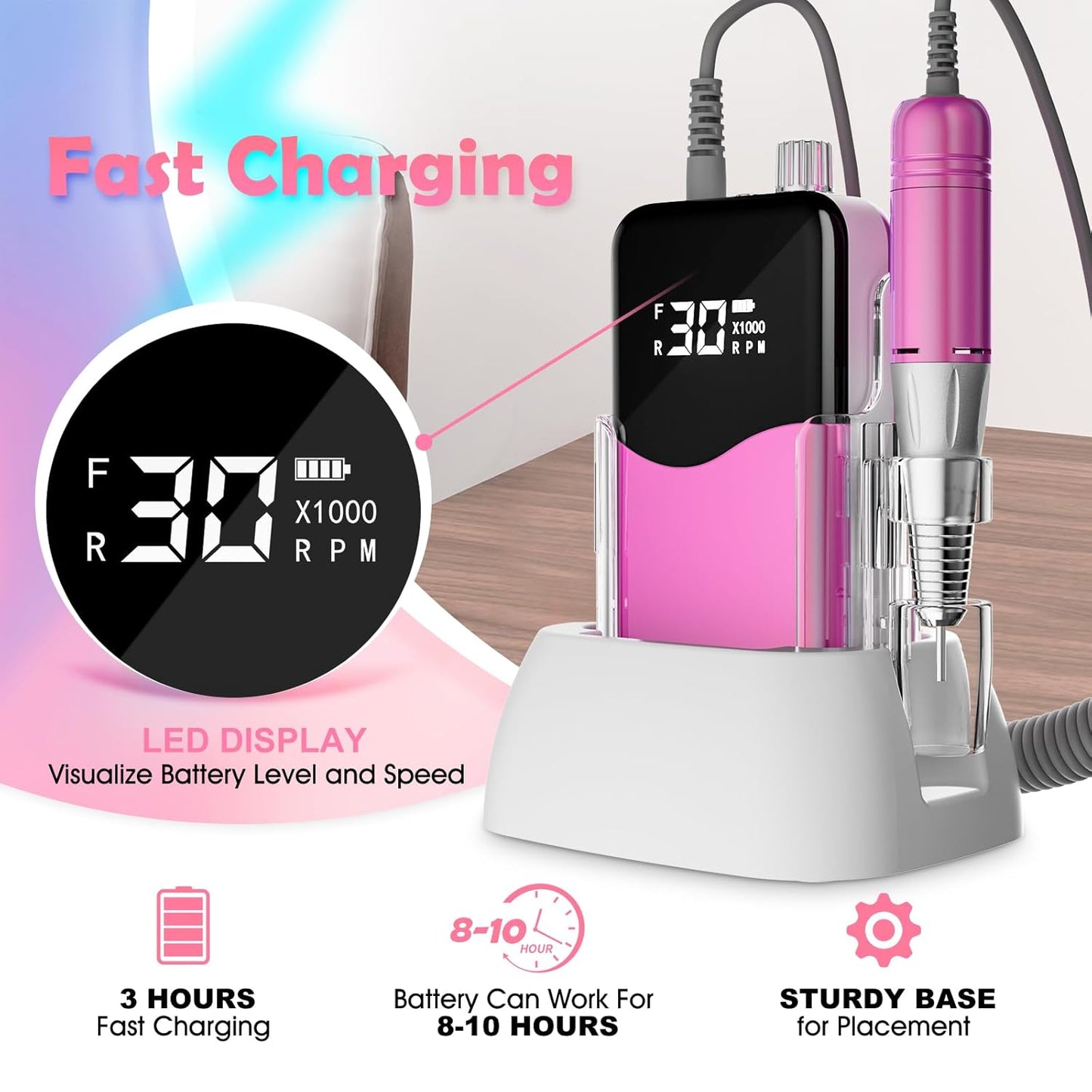 CIVPOWER Nail Drill Professional: 35000RPM Electric Nail File - Portable Rechargeable LED Display Nail Tool Kit- Manicure Pedicure Salon Home DIY Pink