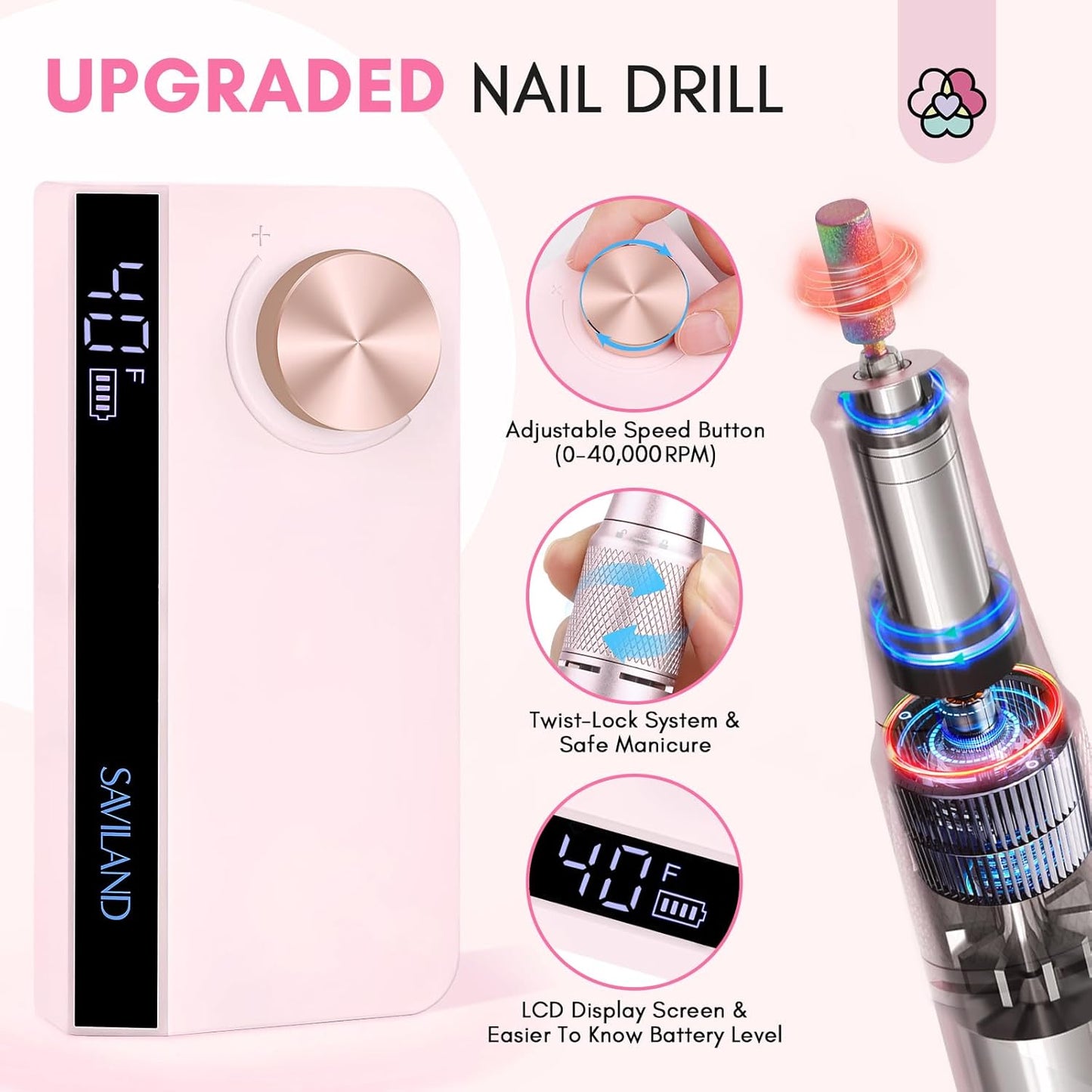 SAVILAND Professional Nail Drill: 40000 RPM PRO Electric Nail Drill Machine Nail File With Colorful Nail Bits for Manicure Pedicure Acrylic Removal Polishing Tools Kit for Salon Home Use