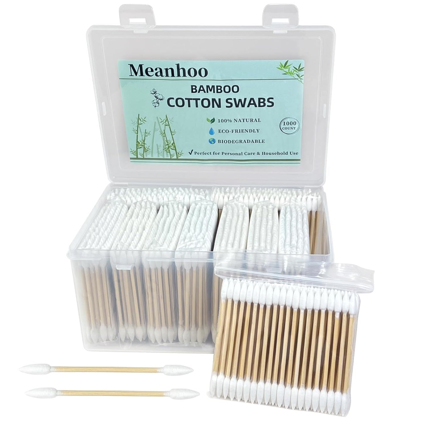 Organic Cotton Swabs 1000 Count in Storage Box, Double Pointed Cotton Swabs with Durable Bamboo Sticks, for Nail, Makeup, and Personal Use