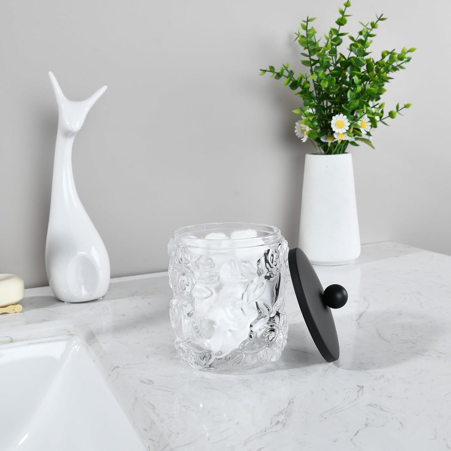 Home Glass Cotton Jar Holder Matte Black Lid, Elegant Bathroom Storage Canister for Qtips, Cotton Balls, Floss, Makeup Organizer, Vanity Bathroom Organization (UPDATED BLACK)