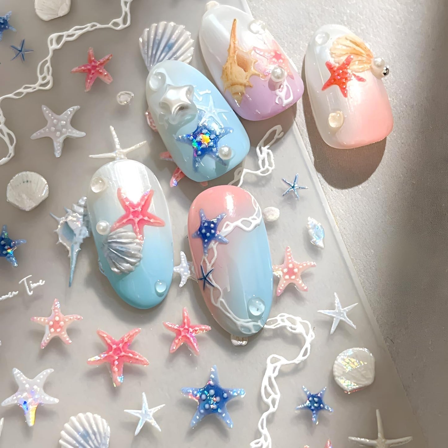 2 Sheets Starfish Nail Stickers for Nail Art 5D Embossed Ocean Nail Decals Summer Nail Stickers Colorful Nail Art Supplies Design Accessories for Women Acrylic Manicure DIY Decoration