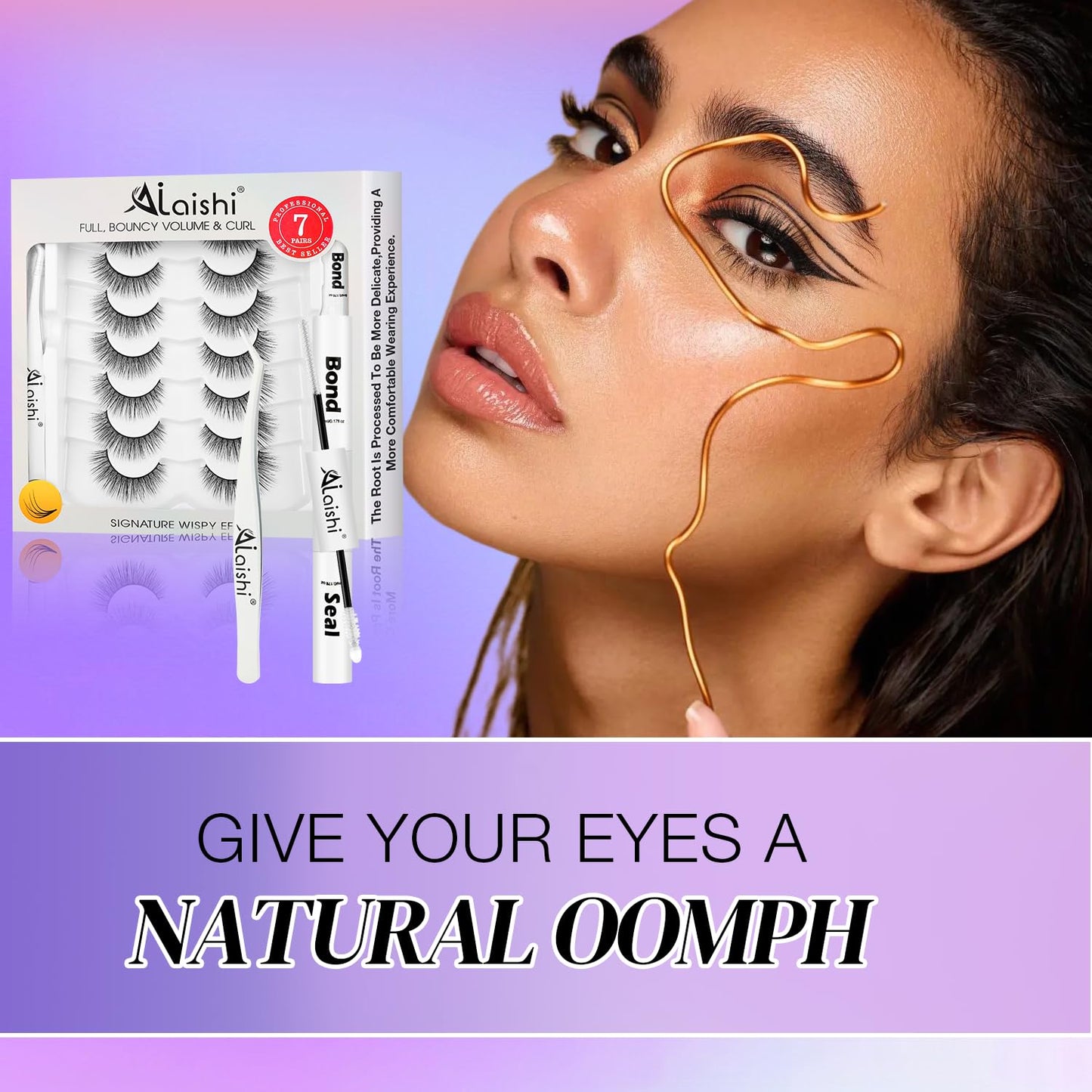 Wispy False Eyelashes Kit With Bond, Seal and Tweezer, 7 Pairs Natural Look Fake Cat Eye Lashes Strips Thin Band Extensions Waterproof Easy Eyelashes for Beginners RQ46