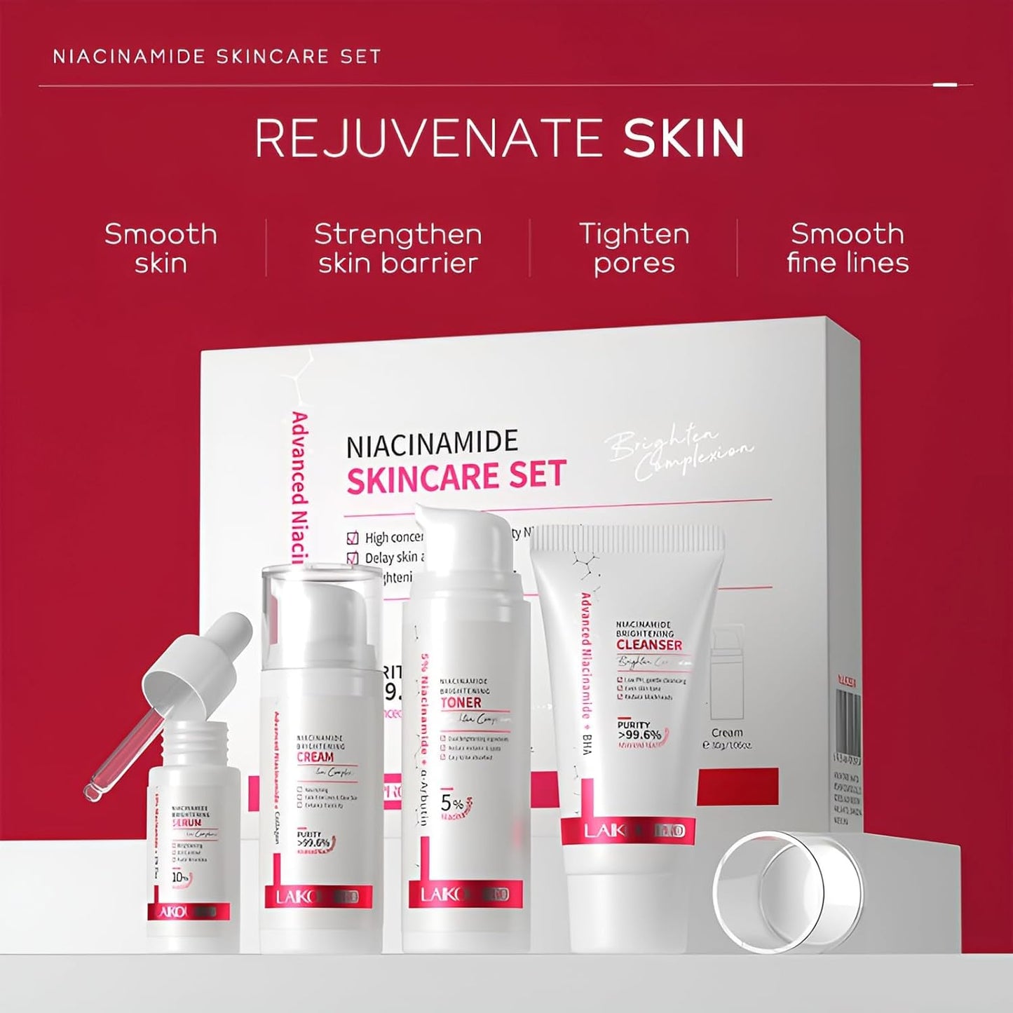 Niacinamide Skincare Set: 4pcs Beauty Kit with Cleanser, Toner, Serum, & Facial Cream - Hydrates & Evens Skin Tone - TSA-Friendly Travel Sizes, Perfect Gift for Women, Moms, & Teens