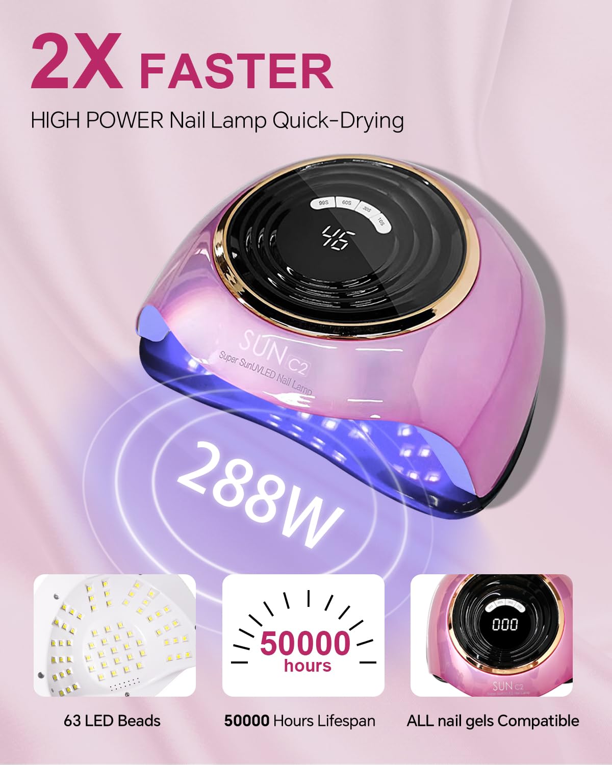 UV LED Nail Lamp, 288W Professional Nail Dryer for Gel Polish, 63 LED Beads Automatic Sensor Nail Curing Lamp with 4 Timer for Woman Girl Salon at Home