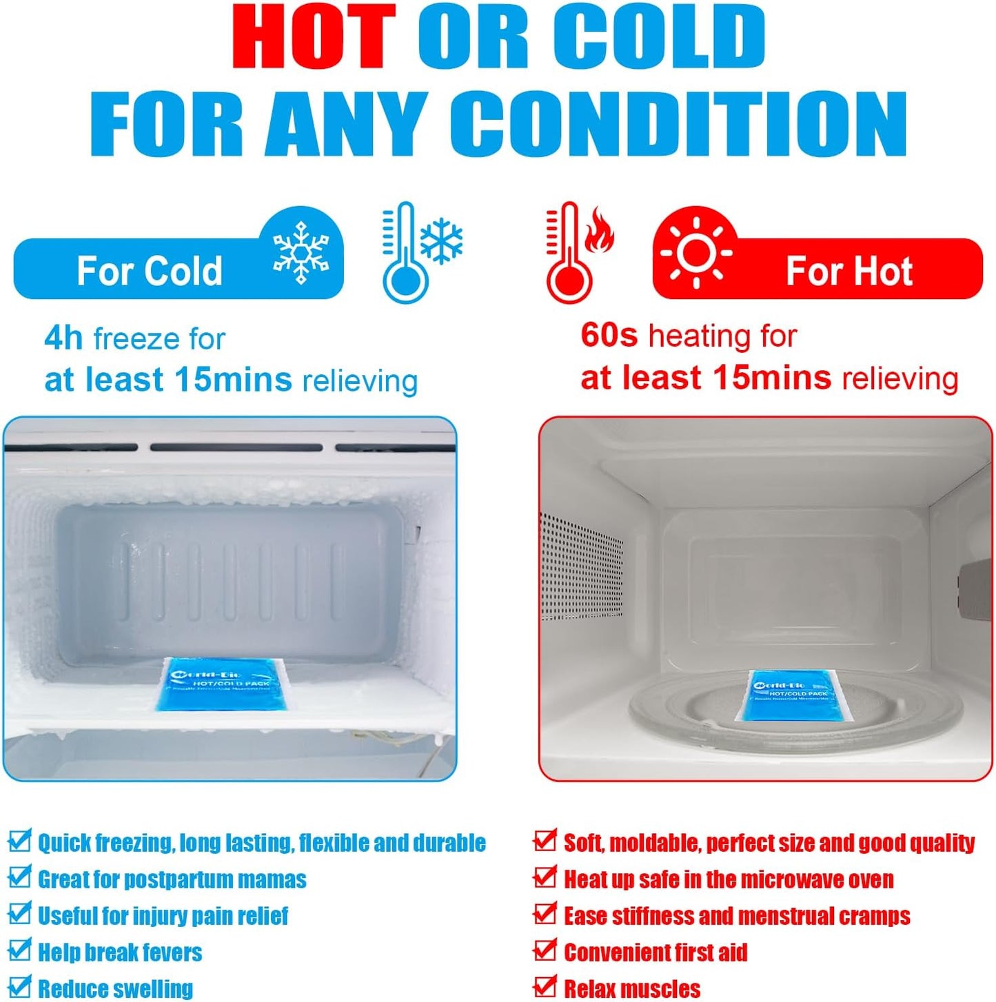 Reusable Gel Ice Packs (4 Pack) - Hot Cold Pack for Injuries, Pain Relief, Migraines - Gel Ice Pack Cold Compress for Back, Neck, Foot and Wrist - Flexible Cold Packs for Injuries - 5.1" x 6.5"