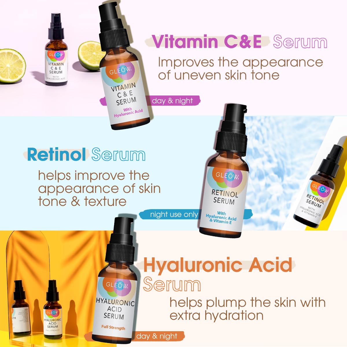 Retinol Serum for Face, Vitamin C with Hyaluronic Acid Face Serum for Women and Men, Glow Total Package Skin Care Set, Targets Appearance of Uneven Skin Tone and Dryness 3x2 oz