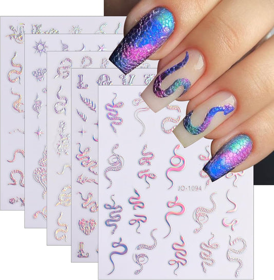 5 Sheets Aurora Silver Snake Nail Art Stickers 3D Self-Adhesive Laser Nail Decals Stars Sun Moon Line Holographic Designs Nail Stickers for Women Girls DIY Manicure Supplies