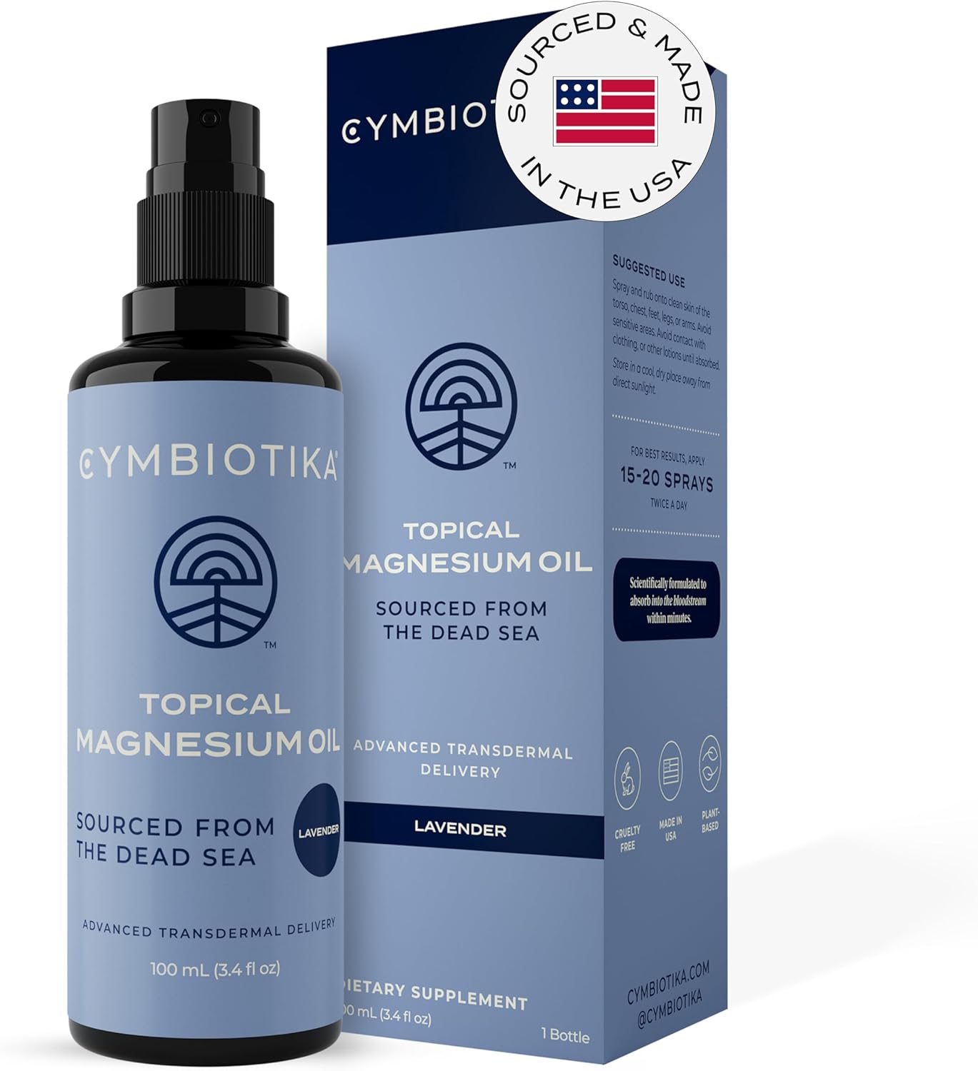 CYMBIOTIKA Topical Magnesium Oil Spray for Body, USA Made, Supplement for Leg Cramps, Muscle, Joint Health & Sleep Support, Includes Magnesium Chloride, Lavender Extract, Aloe Vera - Skin Applicator