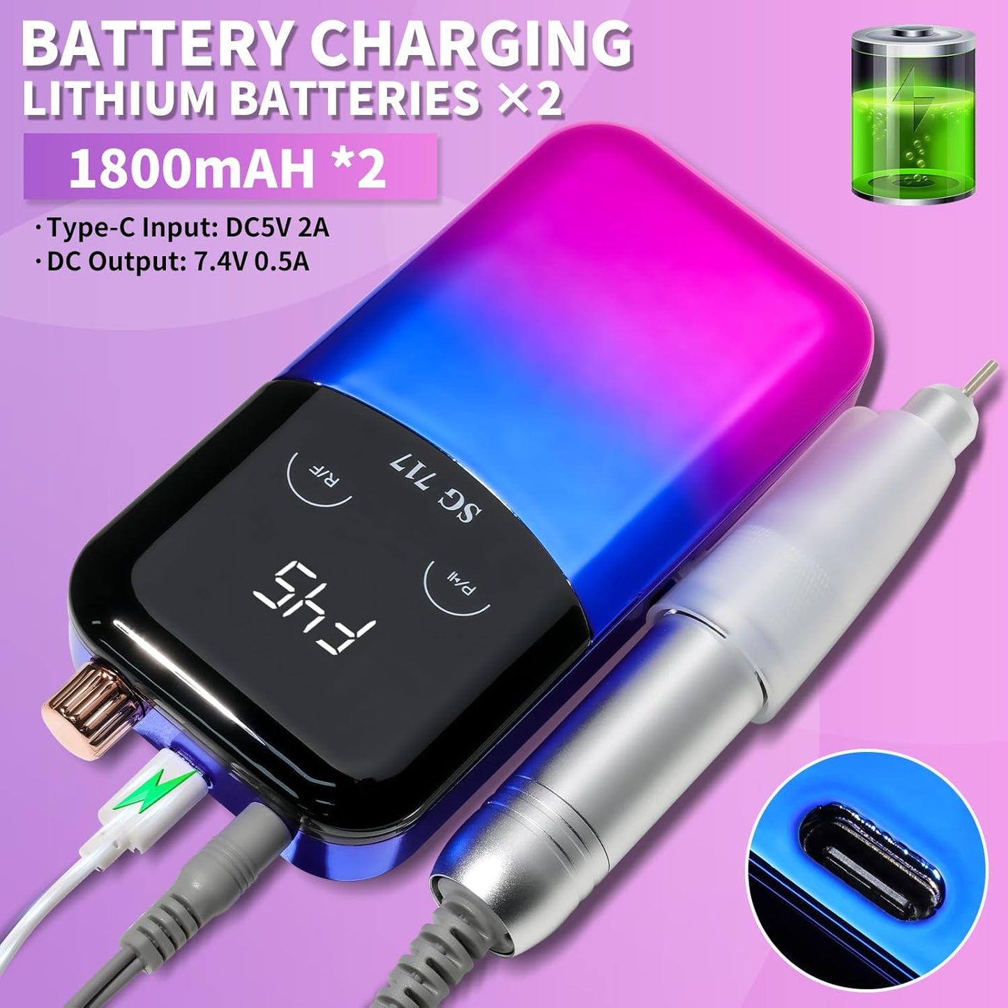 Professional Electric Nail Drill Machine,45000RPM Portable Rechargeable Efile Nail Drill Cordless,Electric Nail File Kit for Women (Gradient Blue)