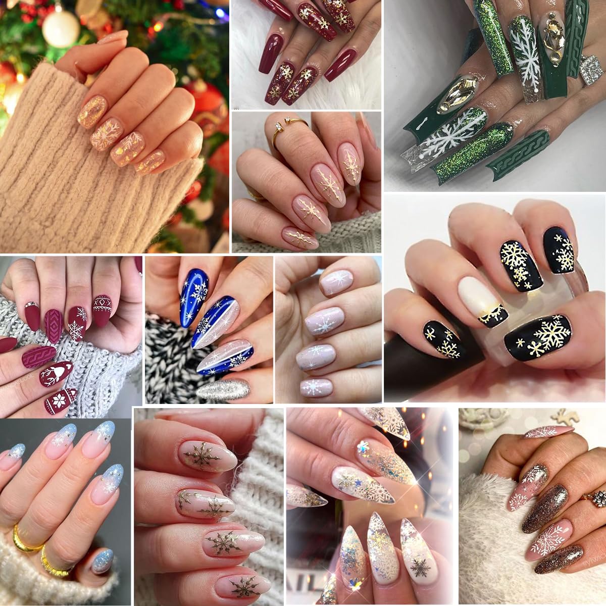 8 Sheets Snowflakes Nail Stickers- 3D Christmas Nail Art Stickers Self-Adhesive Winter Nail Decals White Gold Snowflake Balls Elk Designs Christmas Sticker for Nail Art Women DIY Xmas Nail Decoration