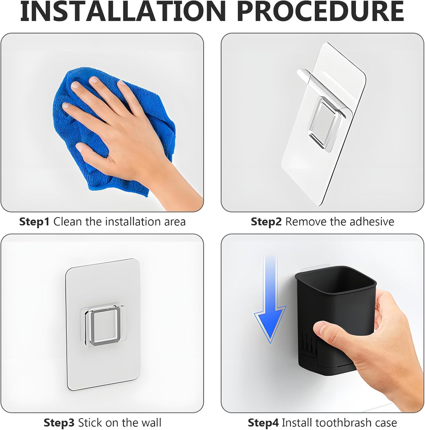 Toothbrush Holder Cup Wall Mounted Drill-Free for Bathroom Shower Electric Toothbrush Toothpaste Razor Holder Removable Waterproof Sturdy Self Draining, Tableware Holder for Kitchen(1pcs&Black)