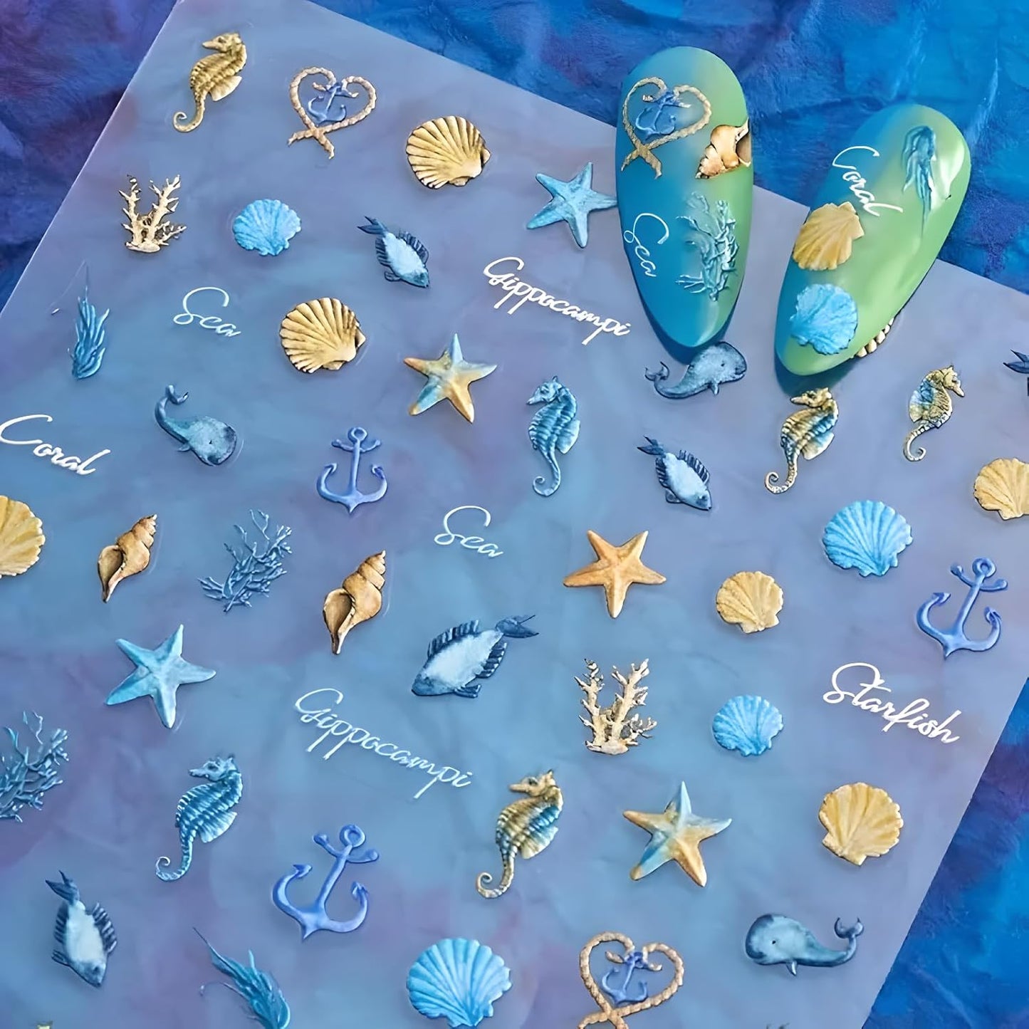 Summer Nail Art Stickers Decals 5D Embossed Self Adhesive Blue Seashell Starfish Nail Stickers Ocean Nail Decals for Nail Art Marine Life Nail Design Decoration Accessories for Women 2 Sheets