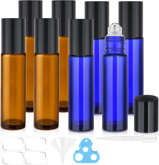 8P Essential Oil Roller Bottles, 10ml Glass Roll on Bottles with Stainless Steel Roller Ball, Opener, Pipettes, Funnel, Stickers, Refillable Container for Perfume (4 Amber & 4 Blue)