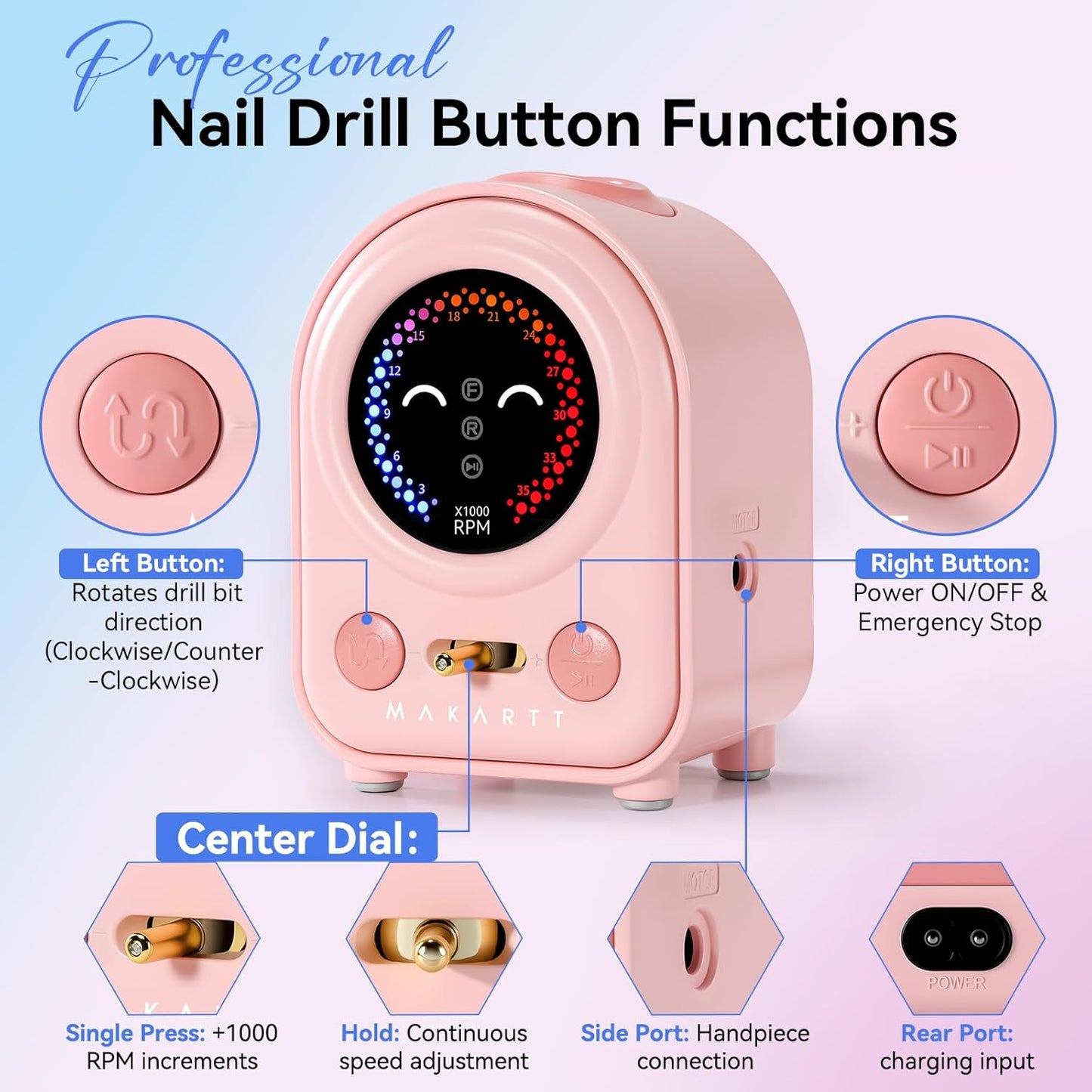Makartt Electric Nail Drill - Professional 35000RPM E-File Machine Portable Nail Drill Kit with Drill Bits,Cute Compact Efile Salon Use Low Noise Manicure Pedicure for Acrylic Gel Nails Pink