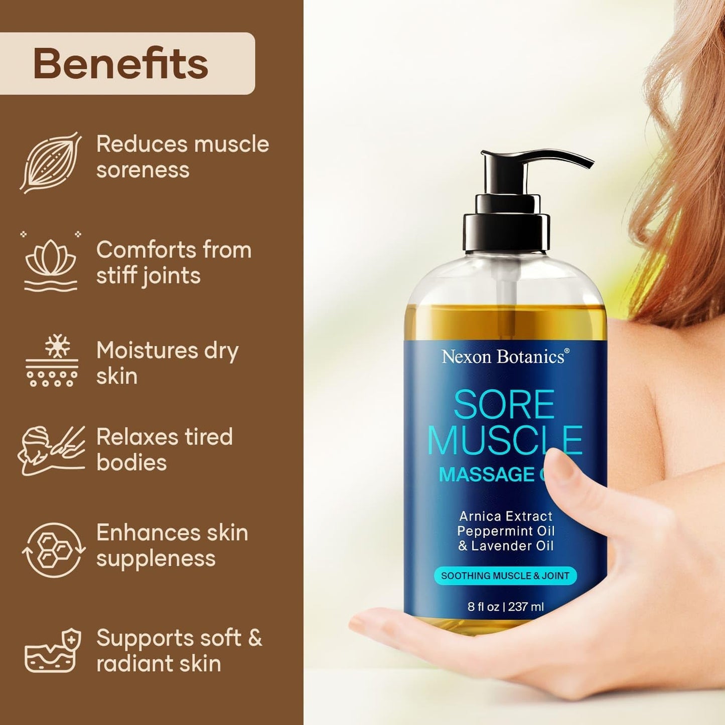 Sore Muscle Massage Oil for Massage Therapy 8 fl oz - Refreshing and Relaxing - Natural Oils with Arnica, Peppermint and Lavender Oil - for Men and Women - Nexon Botanics