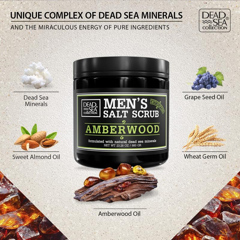Salt Body Scrub Amberwood For Men – Moisturizes, Exfoliates & Nourishes Skin – Cleanses & Detoxifies with Dead Sea Minerals - Dead Sea Collection – 23.28 OZ