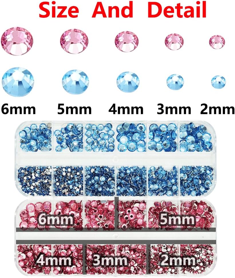 Rhinestones for Bedazzling with B7000 Glue, Pink Light Blue 2mm 3mm 4mm 5mm 6mm (SS8-SS30) Non-Hotfix Flatback Diamonds Kit, Baby Blue Nail Crystals Gems Beads for Bedazzle Crafting, DIY Nail Art