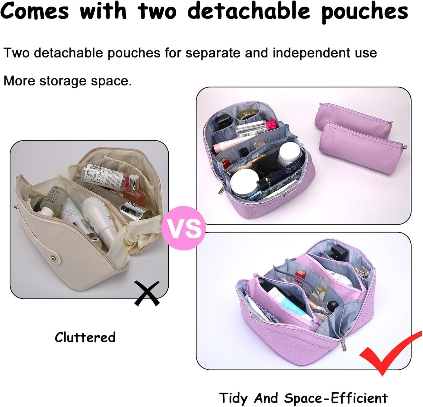 Travel Makeup Bags Cosmetic Organizer Bag: Quilted Make up Bag Set of 3 - PU Leather Toiletry Bags for Women - Portable Makeup Organizer with Compartments & Handle & Divider (14-Purple)