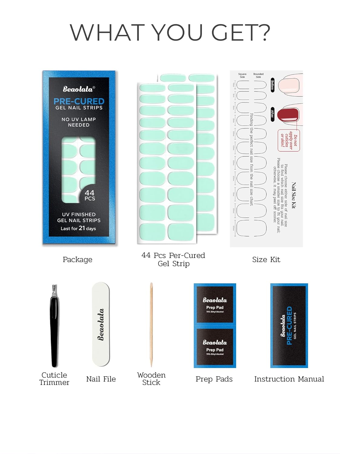 Pre Cured Gel Nail Strips - 44PCS Salon Quality Gel Nail Stickers - Long Lasting Polish Wraps for Women no UV Light Needed Easy Apply& Remove (Lime Green）