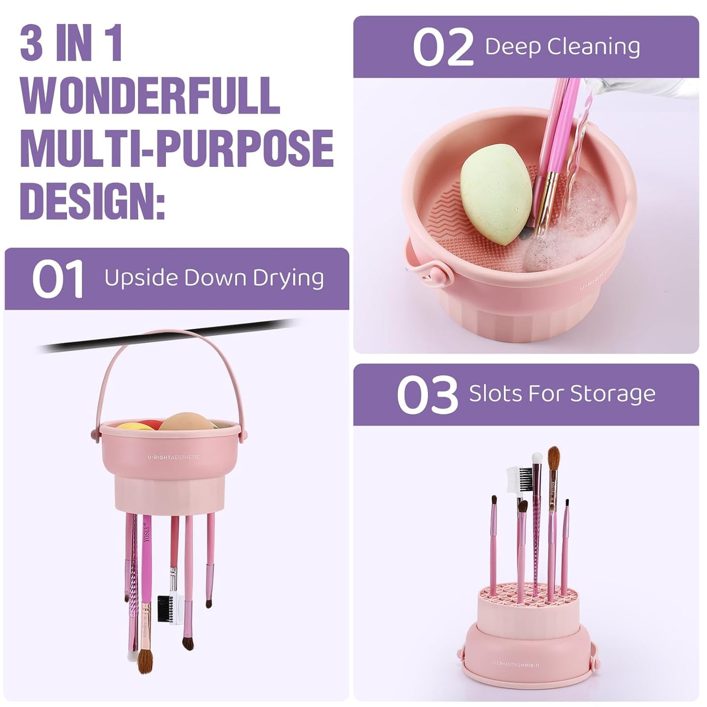 Makeup Brush Cleaner Mat 3 in 1 Silicone Makeup Brush Cleaner Bowl Cosmetic Brushes Cleaning Tool Organizer for Storage and Air Drying（Khkai