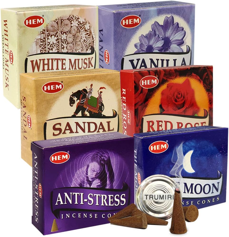 Hem Incense Cones Variety Pack #6 and Cone Incense Burner Bundle with 6 Most Admired Fragrances