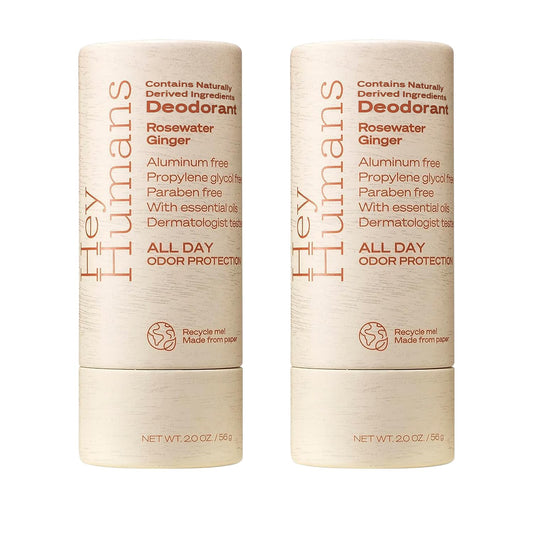Hey Humans Deodorant, Aluminum Free Deodorant for Women and Men, Contains Naturally Derived Ingredients, All Day Odor Control, Refreshing Essential Oils, Pack of 2, Rosewater Ginger