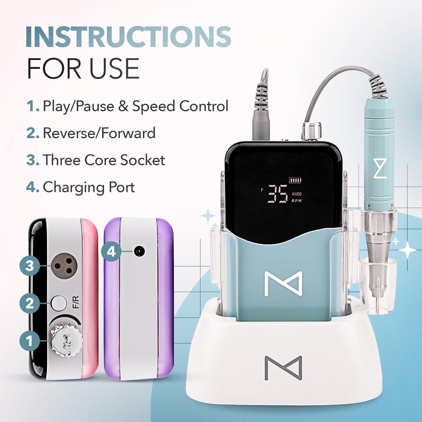 M Mase- Professional Nail Drill Machine - Coreless 2-in-1 Nail File - Electric, Cordless, 35000 RPM, HD Display - Electric Nail Drill for Professional & Home Use (Teal)