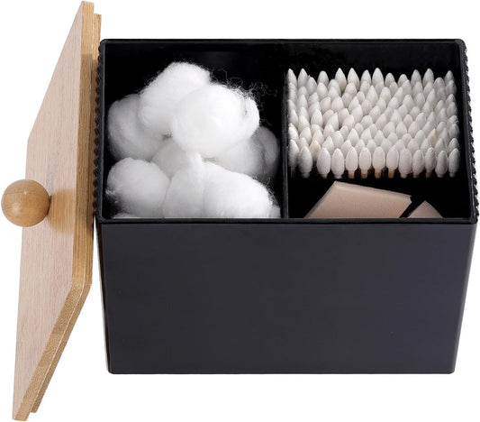 Ohlove Qtip Holder with Bamboo Lids, 3 Compartments Cotton Ball/Swabs Dispenser, Apothecary Jar Plastic Container for Storage and Organizer (Black)