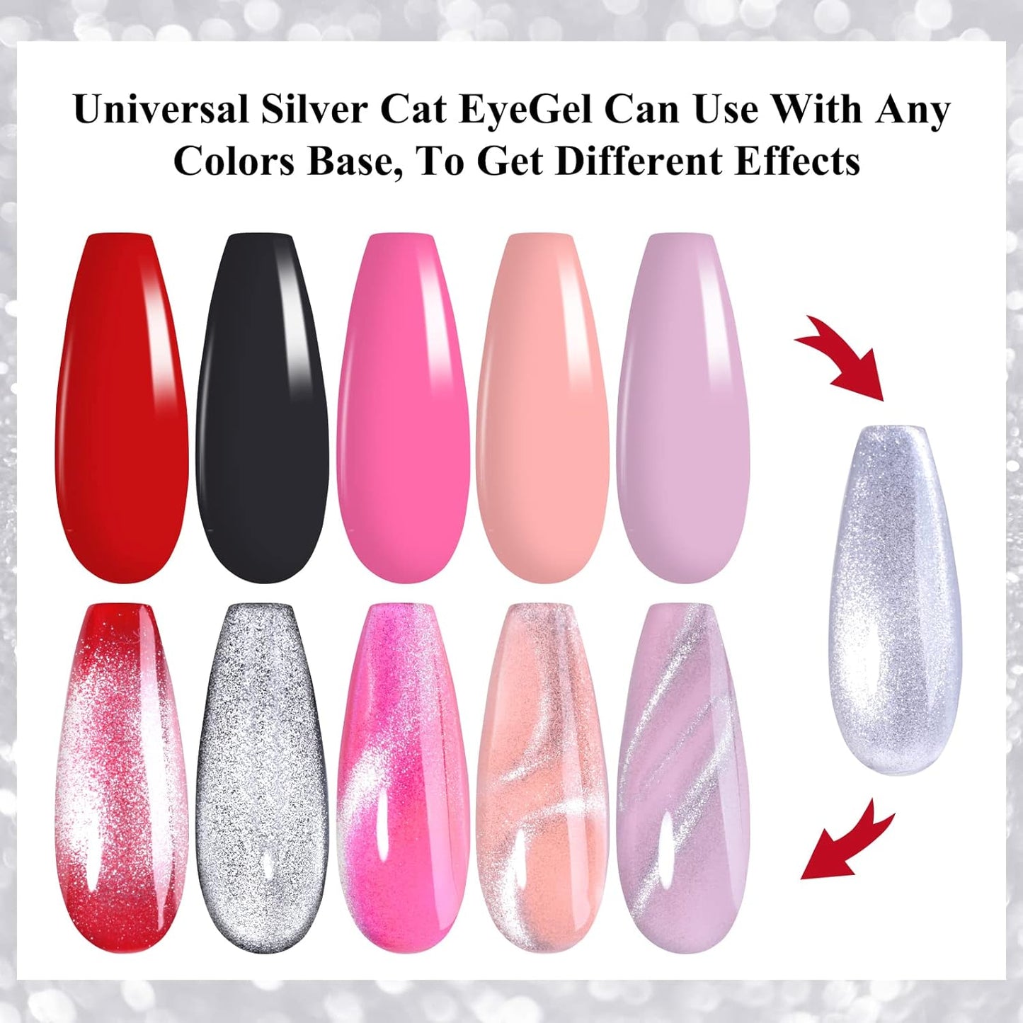 Imtiti Silver Cat Eye Gel Polish,0.5 fl.oz Holographic 9D Glitter Magnetic Soak Off UV LED Gel Nail Polish with Magnetic Stick for Nail Salon