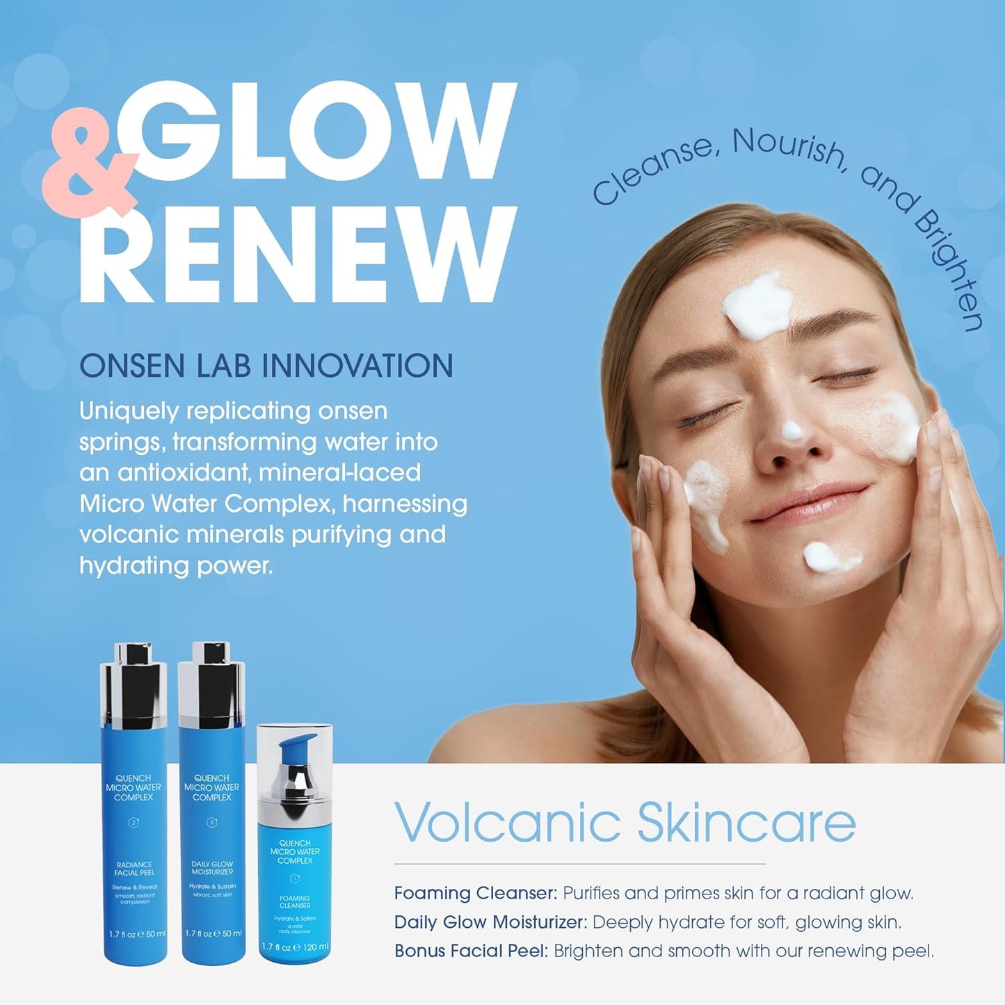 Quench 7 Piece Skincare Set - Japanese Onsen Volcanic Hydration and Anti Aging Skin Care Set with Cleanser, Facial Peel, Moisturizer, Night Cream