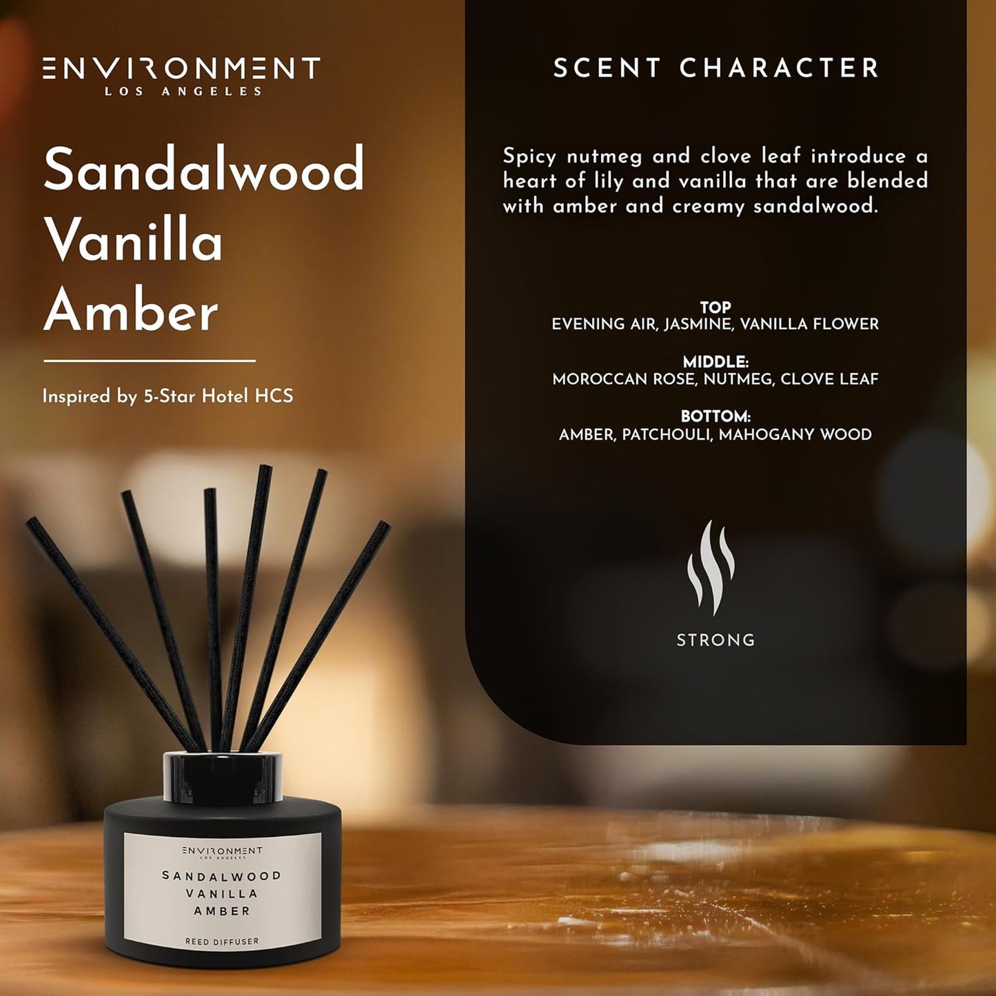 Environment Inspired by 5-Star Hotels HCS Reed Diffuser, 200ml Luxury Scented Aromatherapy (Sandalwood | Vanilla | Amber) Reed Diffusers for Home, Diffusing Oil Fragrance, Home Fragrance Products