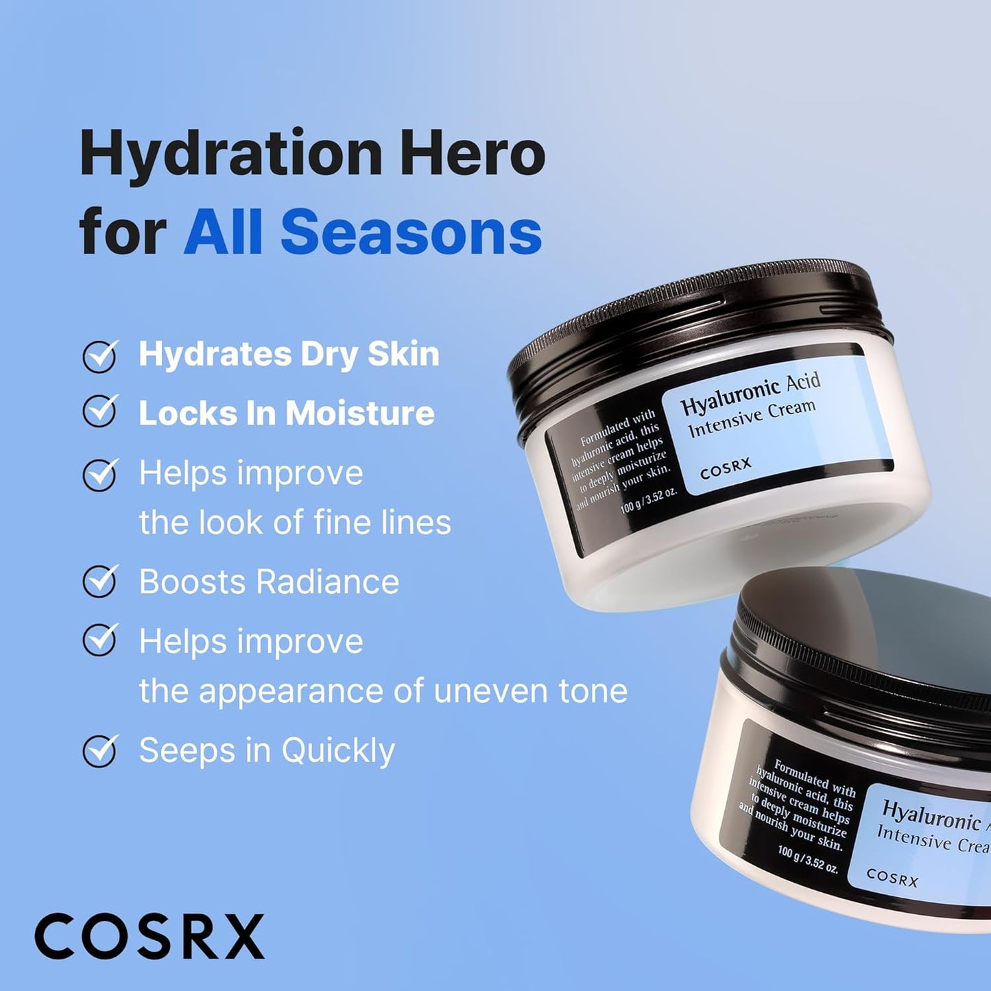 COSRX Hyaluronic Acid Moisturizing Cream, Long-lasting Hydration, Rich Moisturizer for Sensitive Skin 3.52 oz / 100g, Korean Skin Care, Animal Testing Free, Parabens Free