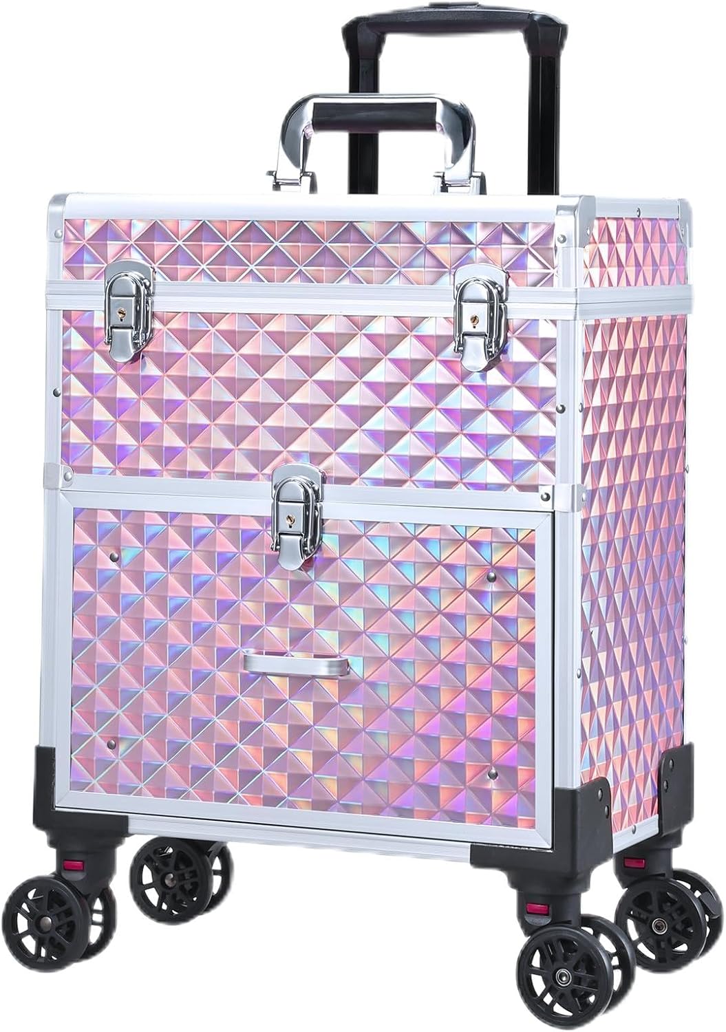 Adazzo Professional Rolling Makeup Case with Drawer for Makeup Artists Cosmetic Train Case Large Storage Case for Nail Technicians Cosmetology Case with Detachable Bag for Hairstylist Pink