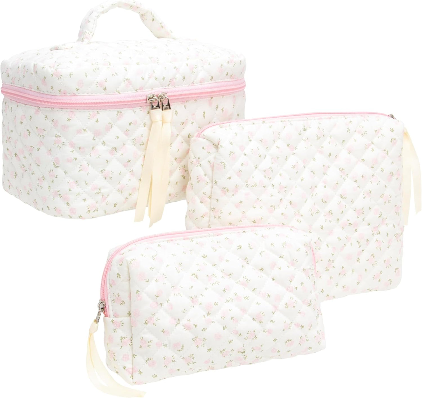 3PCS Makeup Bag SET Large Travel Quilted Zipper Soft Cosmetic Case Pouch for Women Girls Make Up,Little Flower Pink