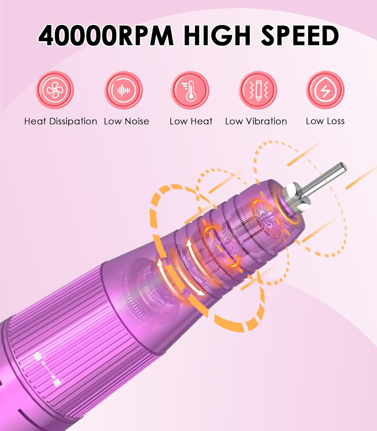 Portable Nail Drill Electric File: Professional Nail E File Machine 40000RPM for Acrylic Nails Remove Nail Gel Polish Manicure, Rechargeable Cordless Diamond Nail Drill with Bits & Base for Salon Home