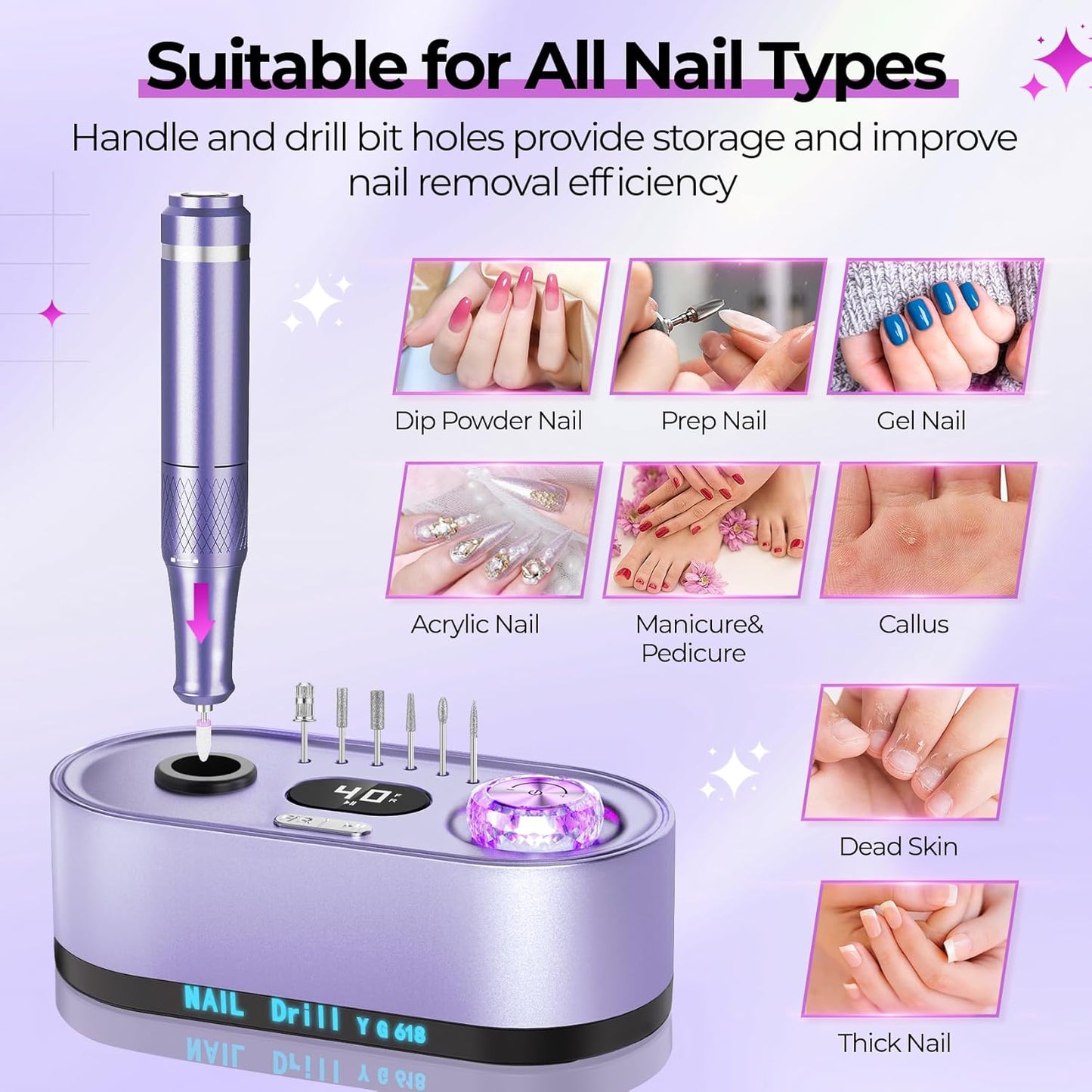 Electric Nail Drill Professional: 40000RPM Electric Nail File Kit E File Nail Drill Machine with LCD Display for Acrylic Gel Nail, Manicure Pedicure Polishing Nail Grinder for Salon Home Use