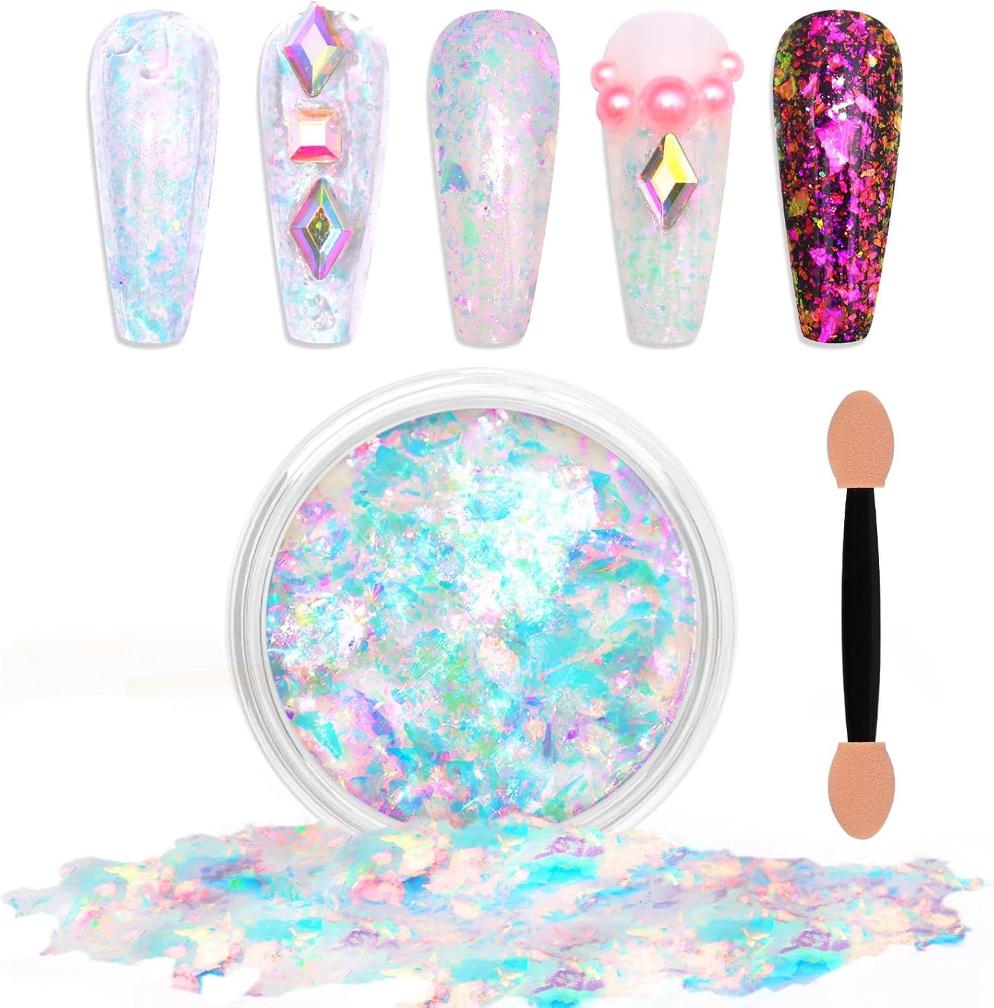 Laza Monet Garden Chameleon Flakes Nail Glitter Irregular Opal Nail Foil Flakes Chunky Confetti Color-Shift Sequins Iridescent Fairy Dust for Mermaid Nails Design, Nail Decorations for Nail Art