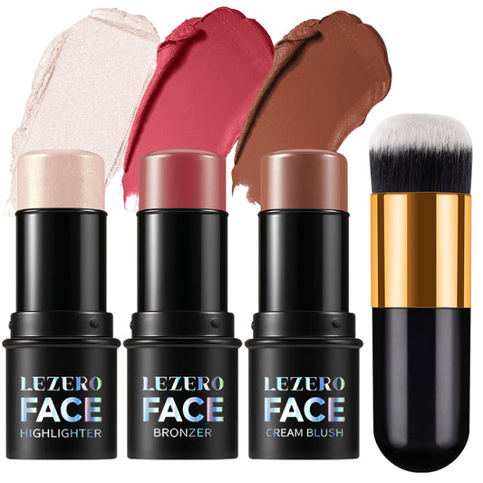 3Pcs Contour Stick Makeup Set, Shades with Highlighter Blush Bronzer Stick Kit for Sculpt the Cheeks and All Skin Type, Longwear Smooth Non-greasy Formula for All Skin Types, Mature