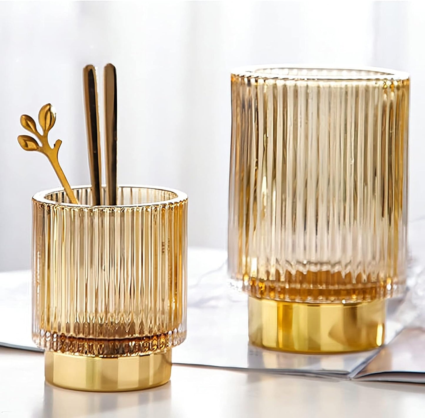 DASITON Makeup Brush holder Organizer,Crystal Cosmetic Makeup Brush Glass Brushes Storage Holder, Vintage Make Up Brush Cup Pen Pencil Holder striped vase(Coffee L)