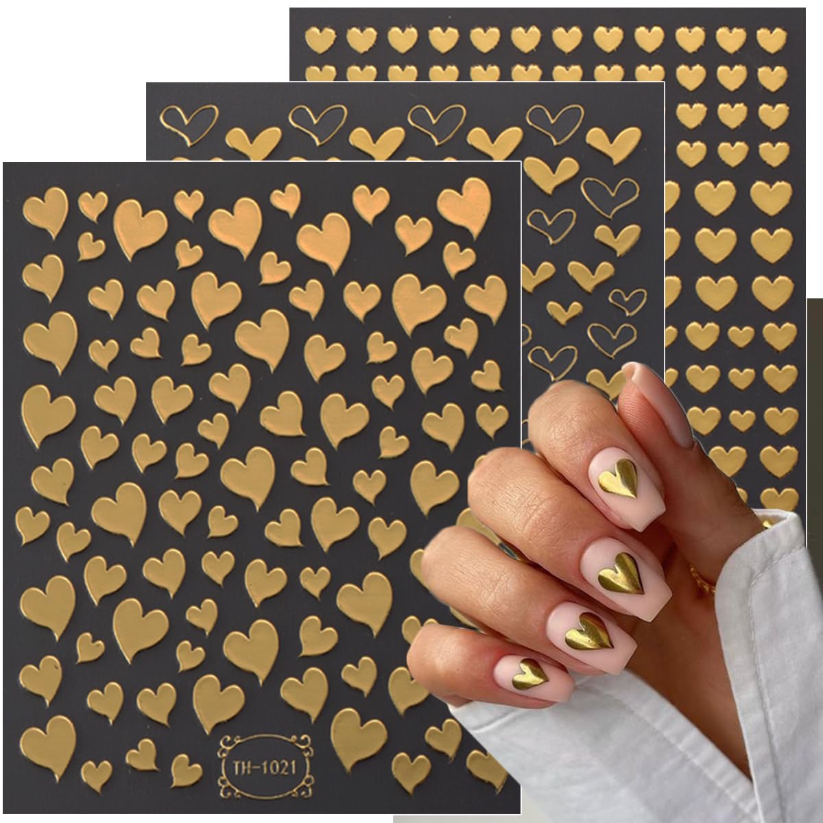 6 Sheets 3D Metallic Heart Nail Art Stickers Self-Adhesive Valentine's Day Nail Stickers Gold Silver Design Heart Charms for Acrylic Nails Tips Love Nail Decals for Women Valentines Nails Decoration