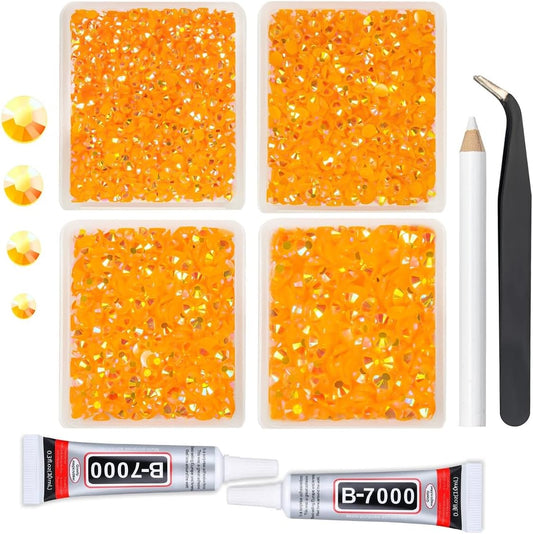 4 Boxes Orange AB Resin Rhinestones w B7000 Glue for Bedazzling Crafting SS10 SS16 SS20 SS30 Flatback Jelly Stones Bulk Diamonds Gems for Nails Face Eyes Makeup Tumblers Bottles Crafts Clothes