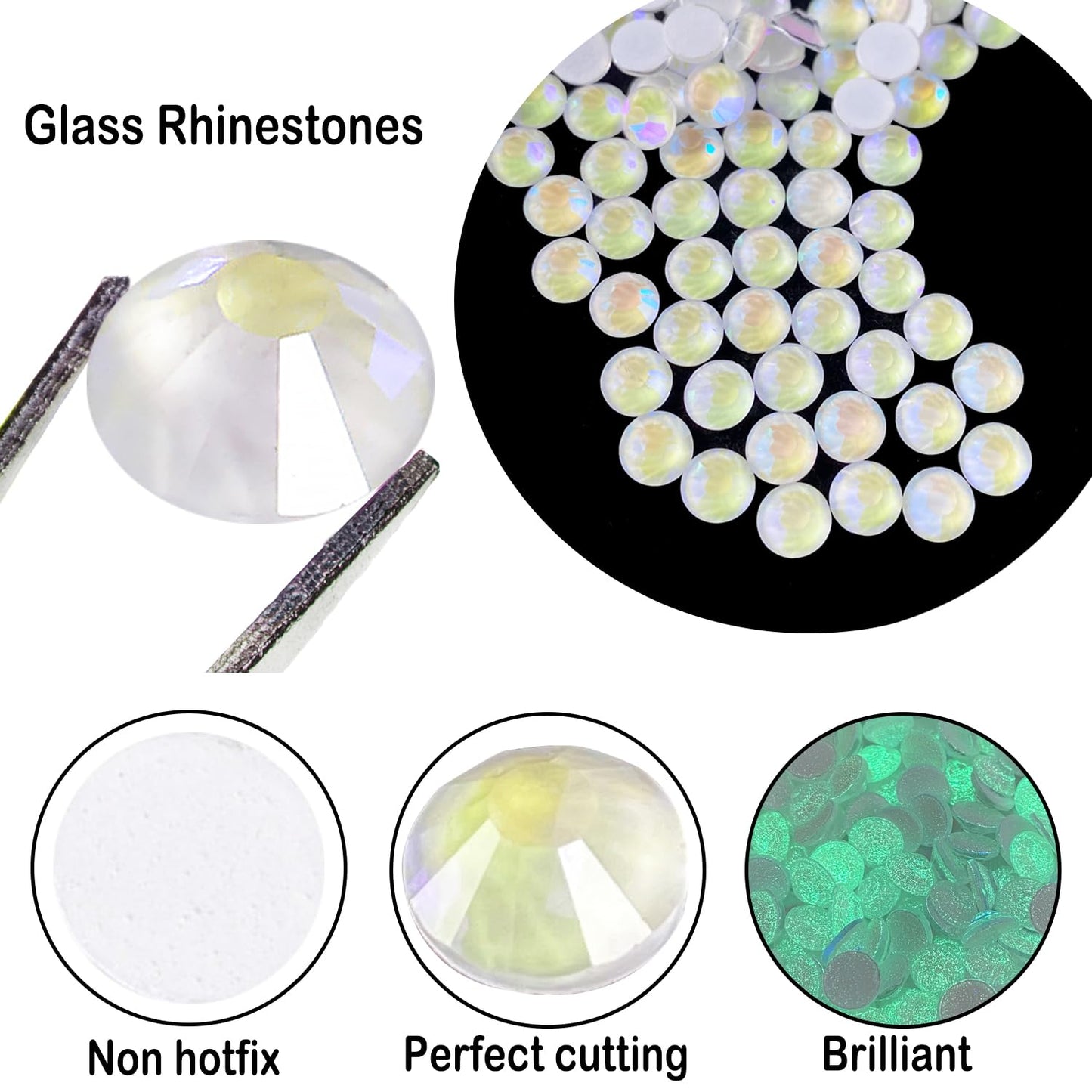 Flatback Glass Rhinestones,Bedazzler Gems 1440pcs Non Hotfix Crystal Rhinestones for Nail Charms Crafts Clothes Tumblers,White AB Neon,SS16