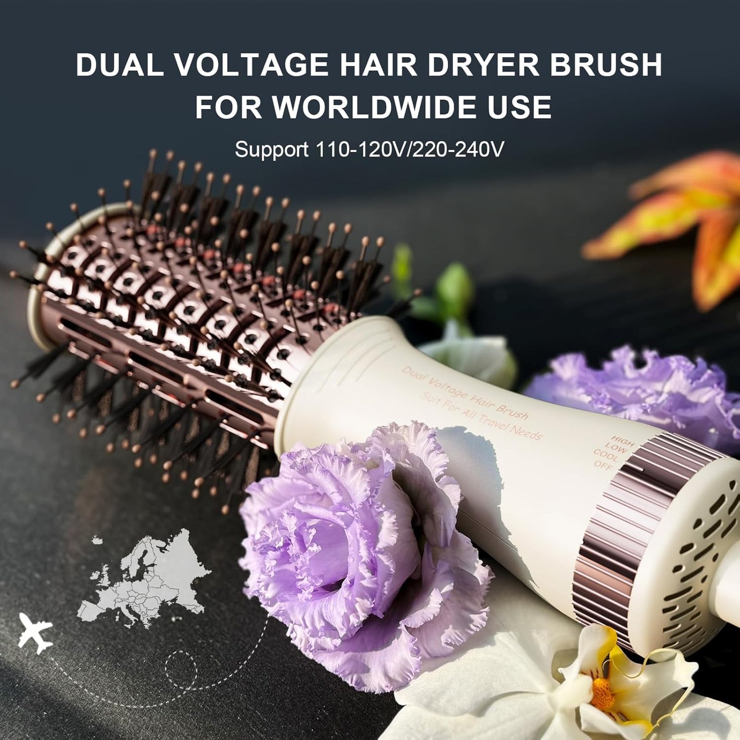 Travel Dual Voltage Hair Dryer Brush 4-IN-1 Portable Mini Hot Air Blow Dryer Straightener & Curler Brush, Titanium Round Blowout Styler Volumizer Tools, 110/240V US/EU/UK Plug for International Travel