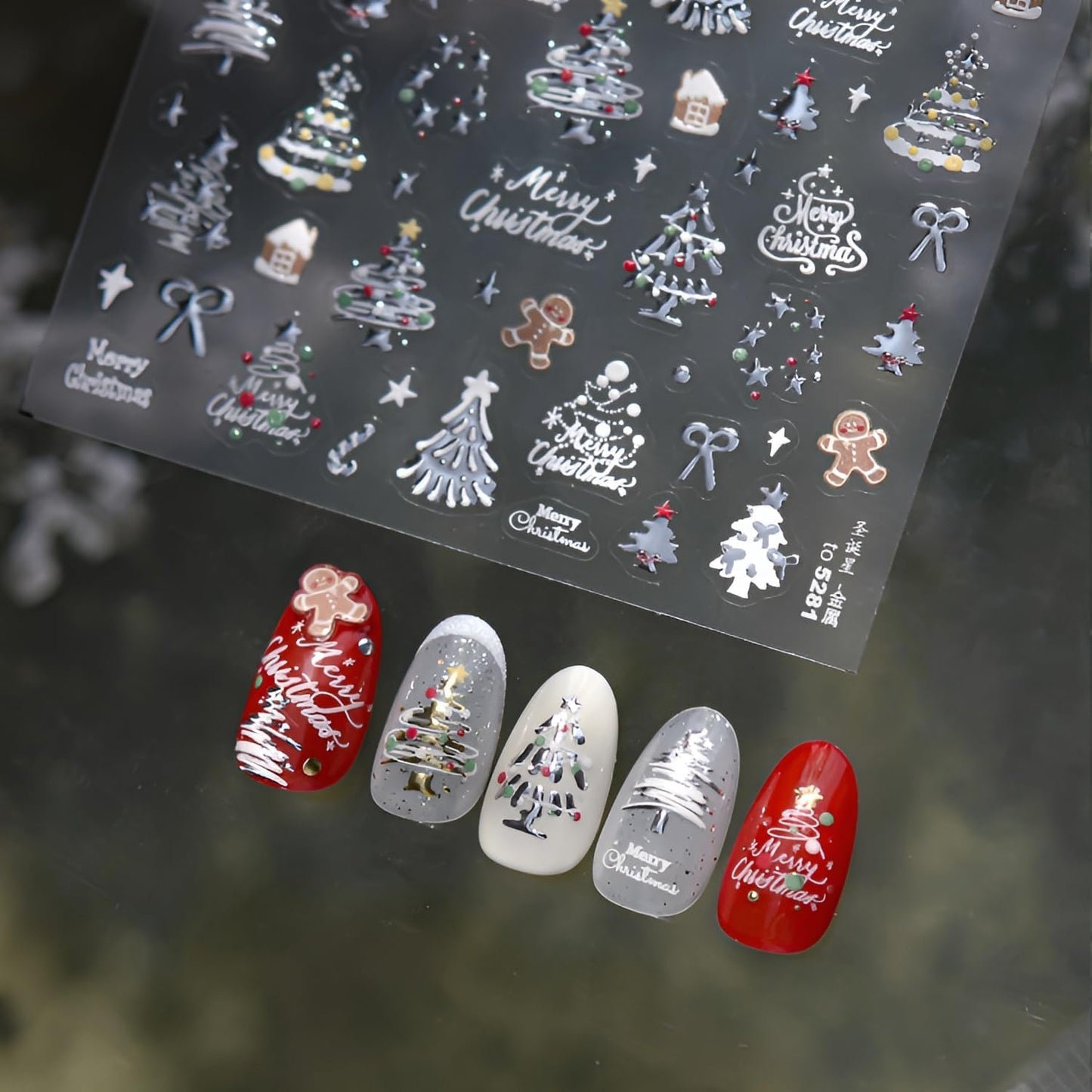 2 Sheets Christmas Nail Art Stickers 5D Embossed Nail Decals Silver Gold Star Bow Gingerbread Man Christmas Tree Nail Stickers Christmas Nail Supplies for Women Girls DIY Manicure Decorations