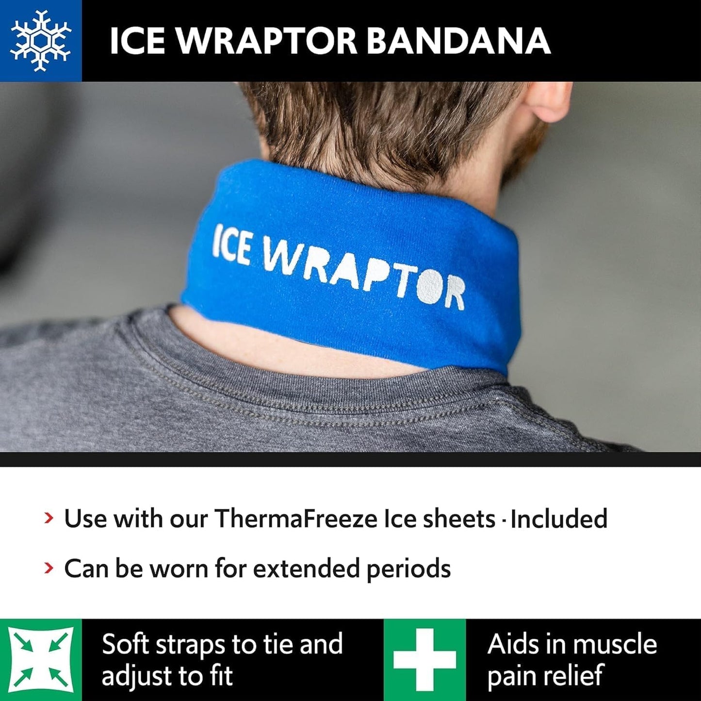 Ice Wraptor Bandana + Insert: Just Add Water. Keep Neck, Head, and Joints Cool. Portable Ice Therapy for Pain Relief.Adjustable Fit, Lightweight Comfortable- with 1 2.5"x15" Reusable Cryosheet Insert