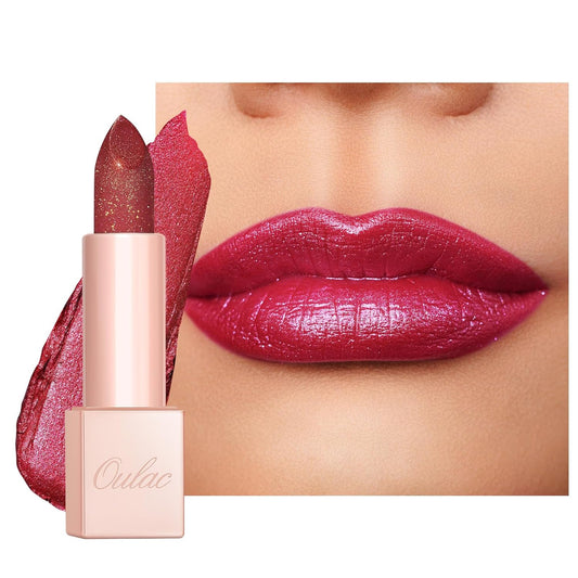 Oulac Shimmer Lipstick for Women, Infinity High Shine Finish, Hydrating Lip Color Infused with Damask Rose Oil for All-Day Comfort, Gluten-Free Vegan Beauty, D03 Soirée Red