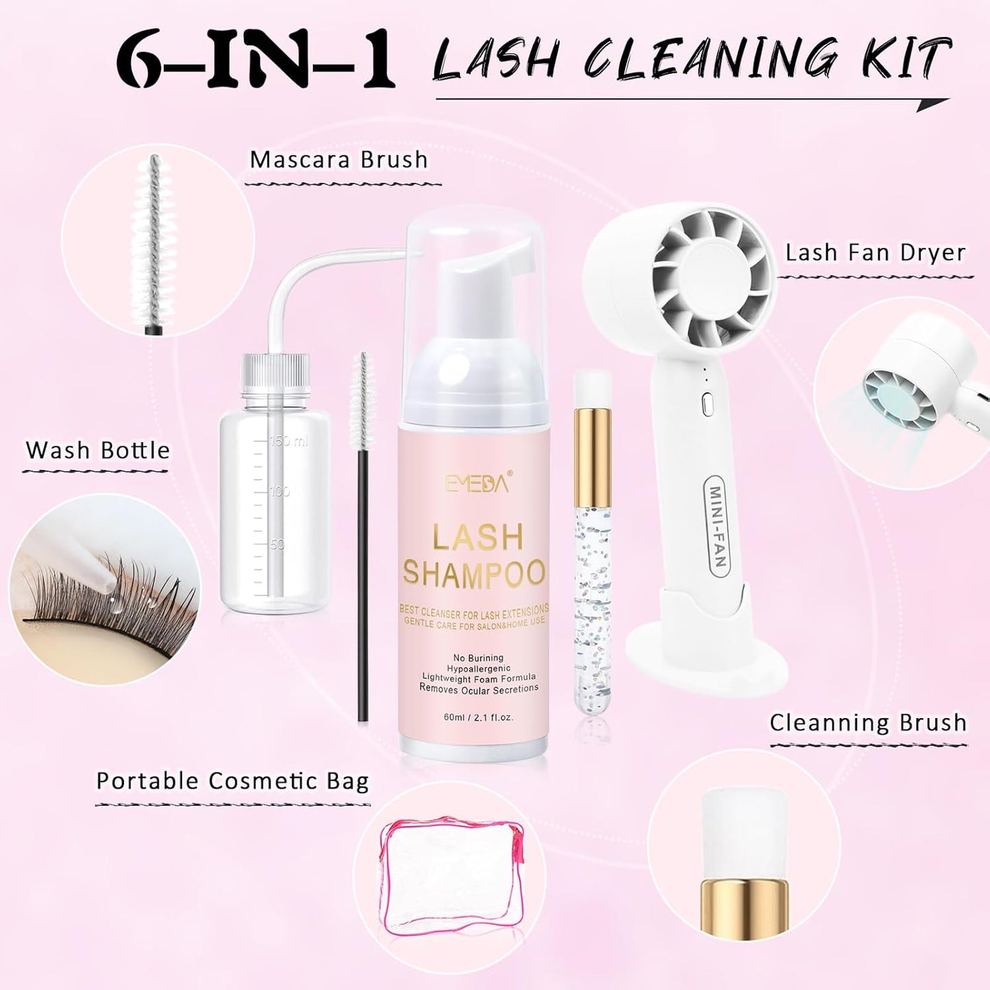 EMEDA Lash Shampoo Kit 2.02 fl oz Lash Cleaning Kit with Rechargeable Fan Dryer/Brush/Rinse Bottle, Oil-free Cleanser Wash for Extensions & Clusters & Natural Lashes, Cleaner for Eyelash Care(White)