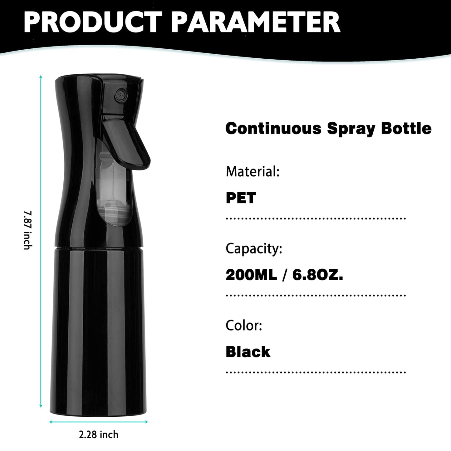 Spray Bottle for Hair (6.8OZ /200ML) Continuous Ultra Fine Mist Sprayer for Hair, Salons, Barber, Plants, Skin Care, Cleaning 2 Pack Black