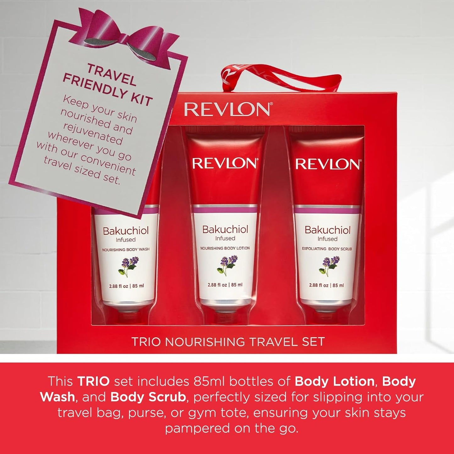 REVLON Get Carried Away Trio Nourishing Travel Set, Bakuchiol Infused, Nourishing Body Wash, Body Lotion, Exfoliating Body Scrub, 3 Count (2.88 fl oz)